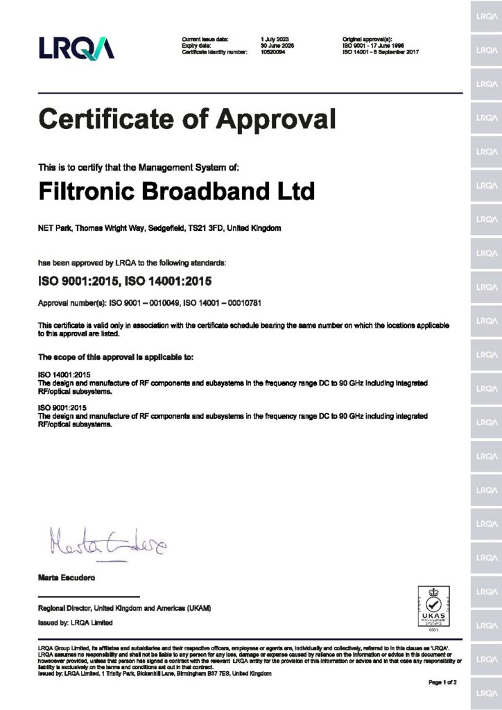 Filtronic ISO90012015 2023 to 2026