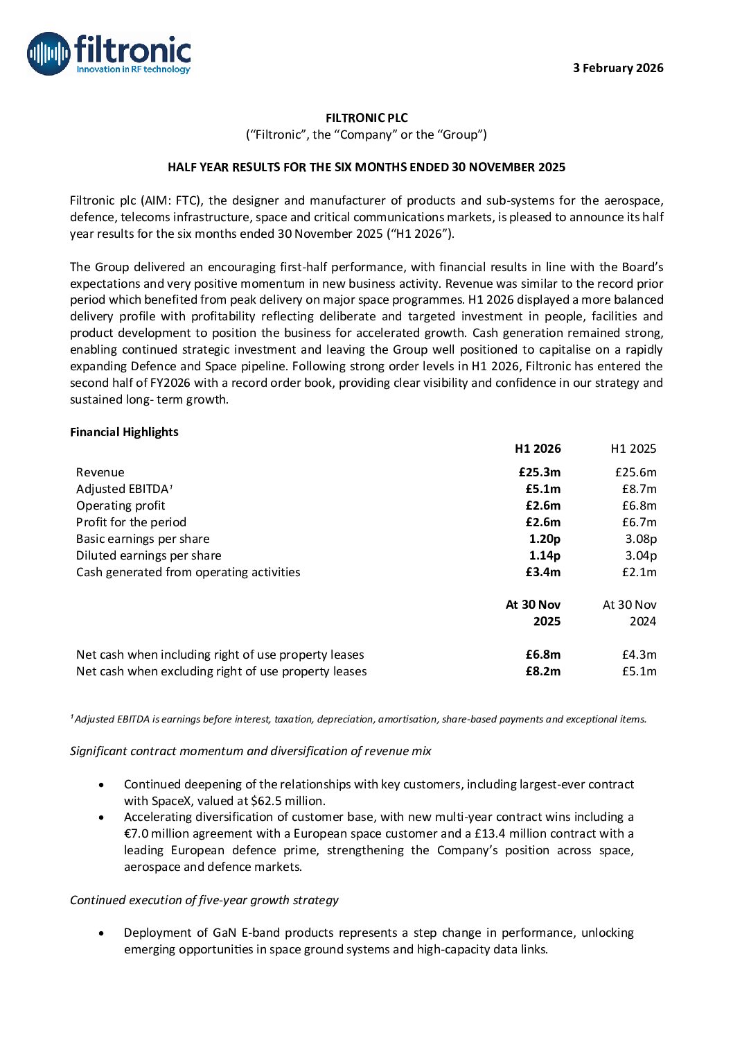 Filtronic - Interim Results